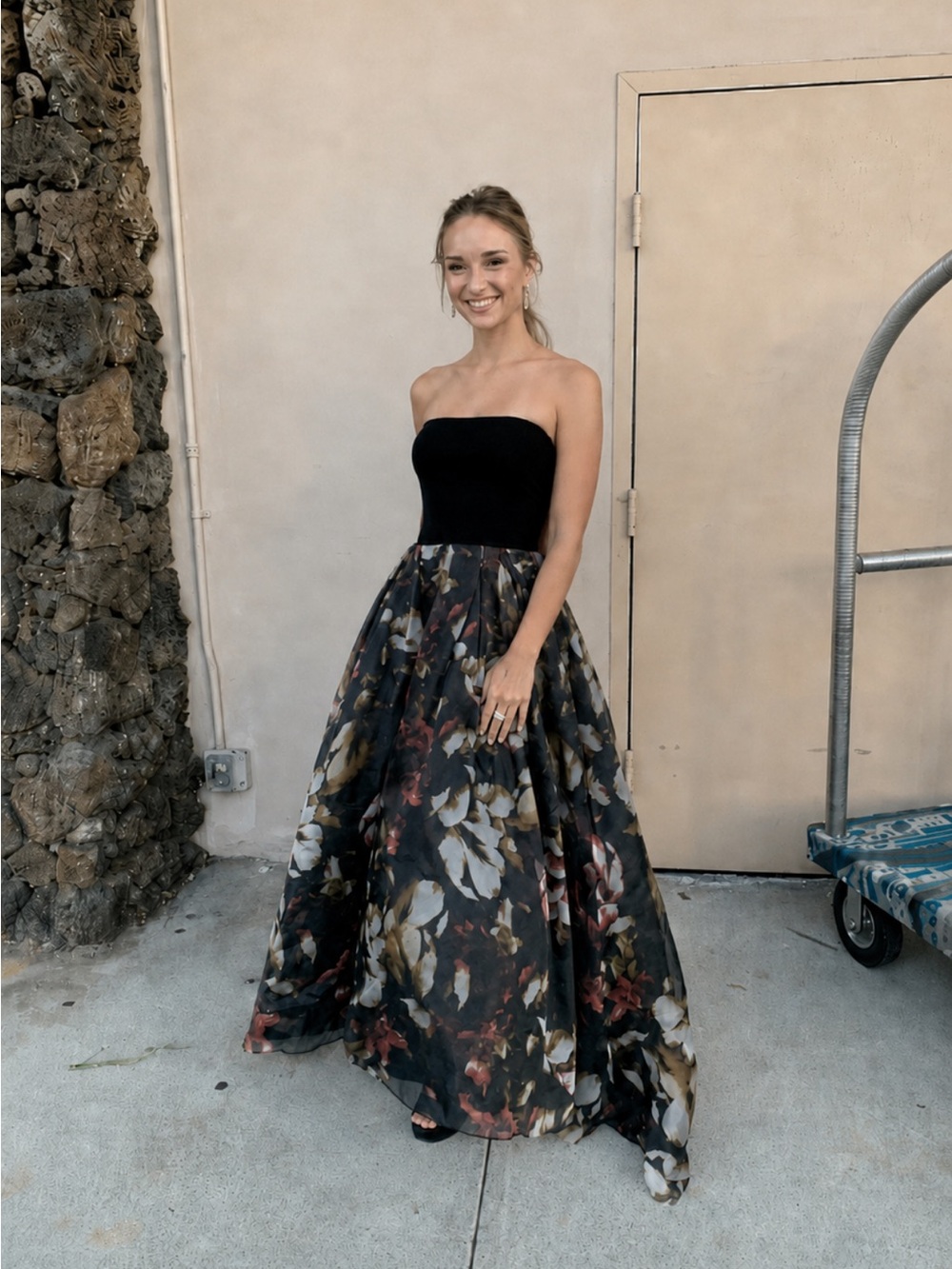 Betsy & Adam Black Strapless Bodice with Floral Ball Skirt